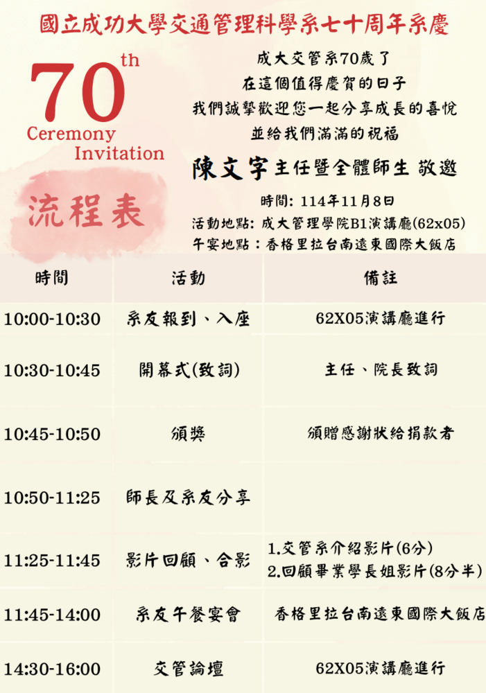 國立成功大學交通管理科學系七十週年系慶活動(早鳥優惠延長至114.8.31止)圖片